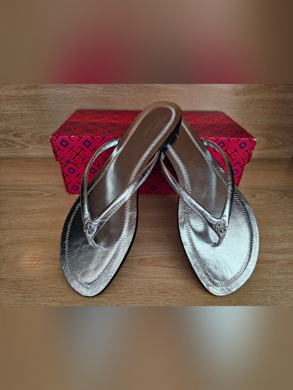 Tory Burch Silver Metallic Logo Thong Sandals